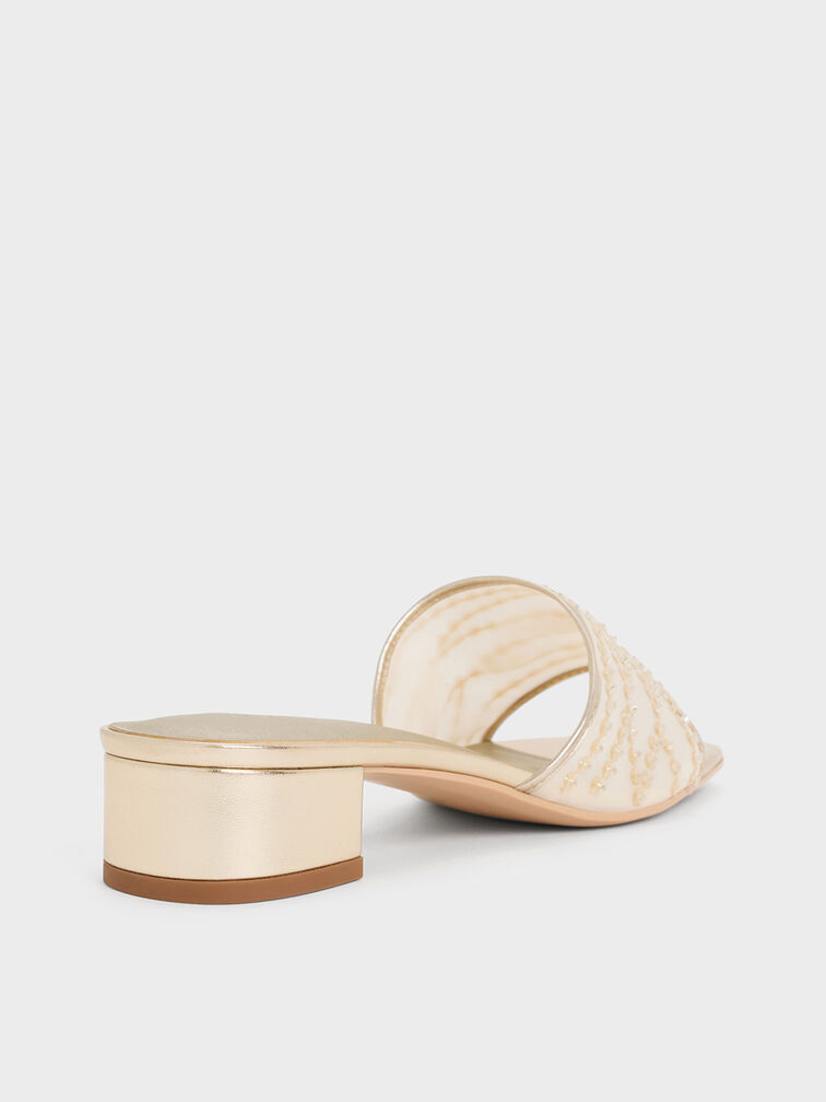 حذاء ميول بكعب مربع ومظهر معدني مصنوع من خامة شبكية ومزين بالترتر, ذهبي, hi-res