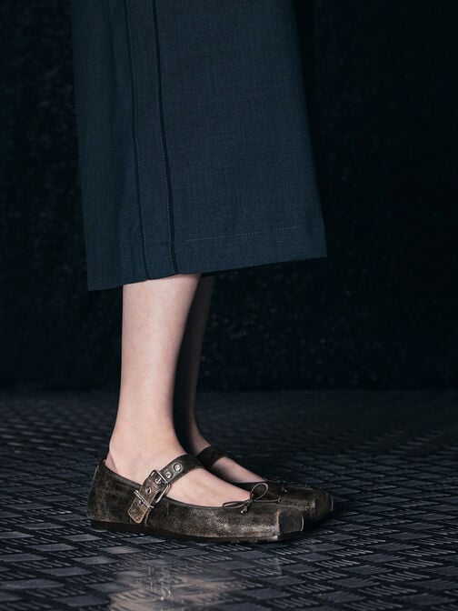 حذاء ماري جين بمقدمة مربعة مزين بفيونكة, بني داكن, hi-res