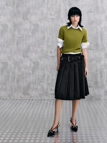 Recycled Polyester Crystal-Bow Kitten-Heel Slingback Pumps, Black Textured, hi-res