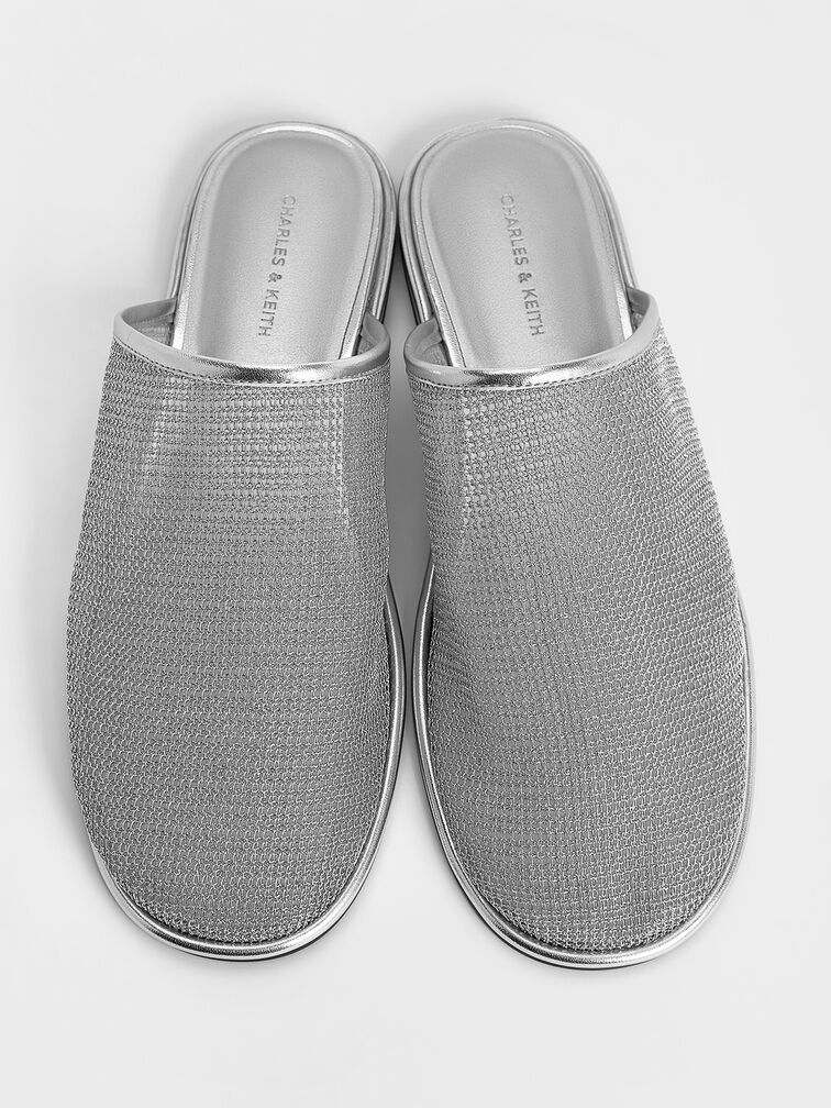 Mesh High-Vamp Flat Mules, Silver, hi-res