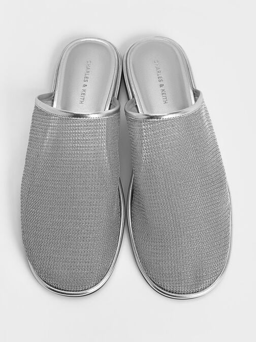Mesh High-Vamp Flat Mules, Silver, hi-res