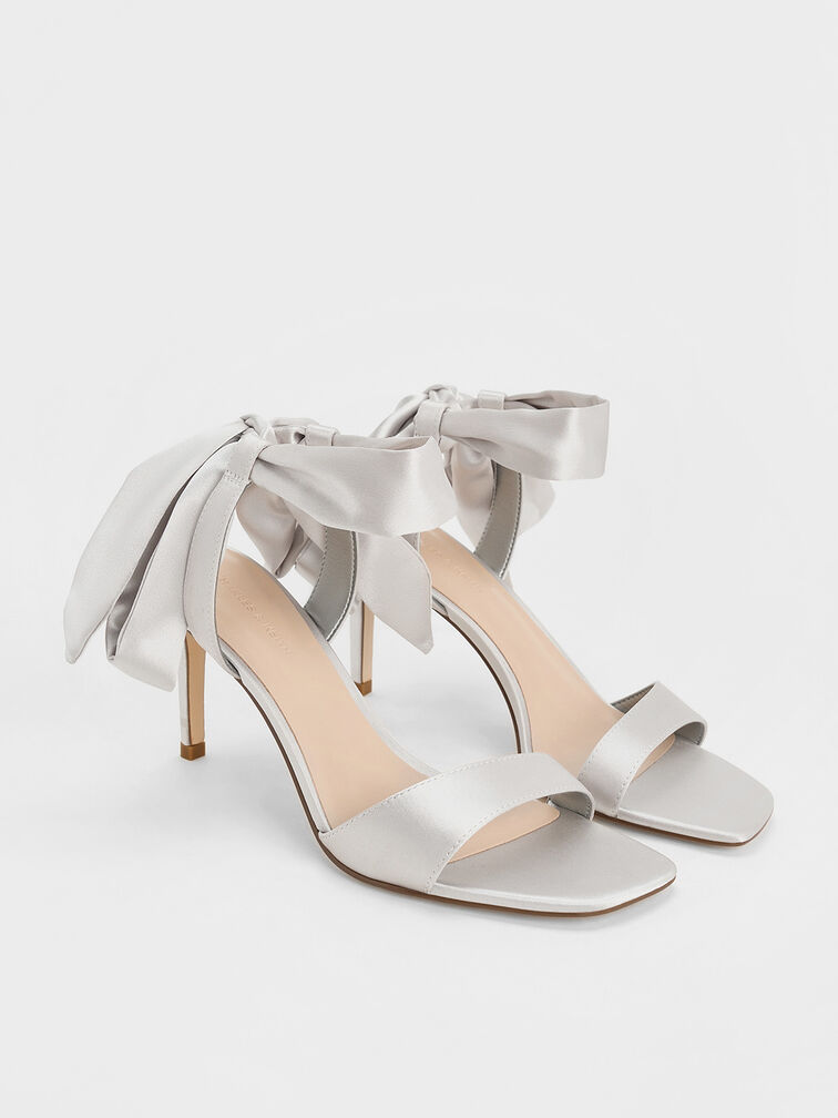 Eliana Satin Tie-Around Heeled Sandals, Silver, hi-res