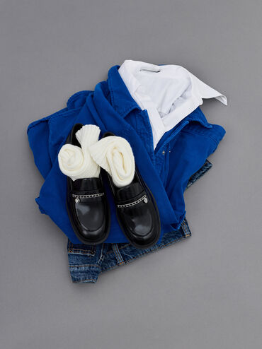 Braided-Chain Metallic-Accent Loafers, Black Boxed, hi-res