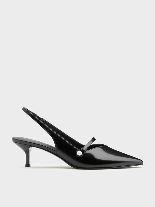 Helena Pearl-Buckle Slingback Kitten Heels, Black Boxed, hi-res