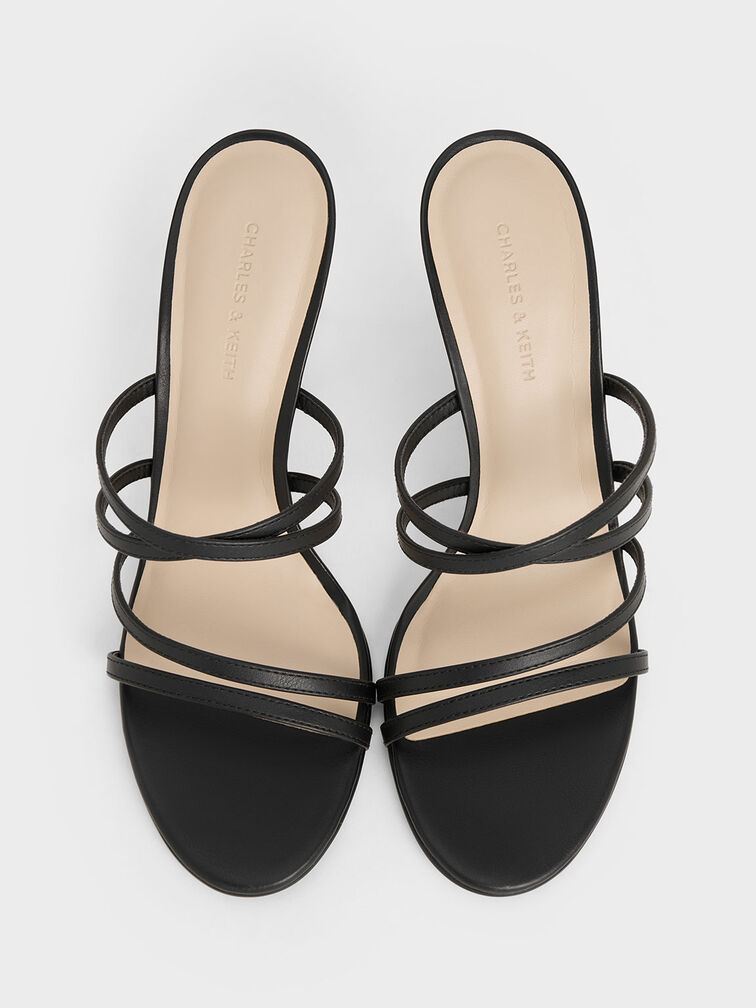 Strappy Sculptural-Heel Mules, Black, hi-res
