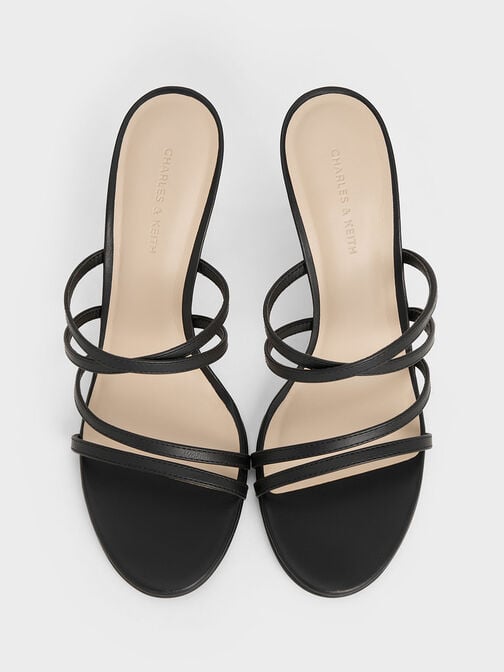 Strappy Sculptural-Heel Mules, Black, hi-res