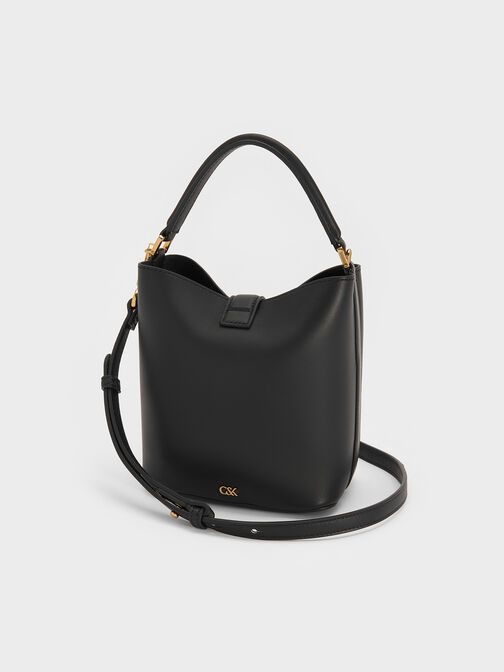 Gabine Leather Belted Top-Handle Bucket Bag, Black, hi-res