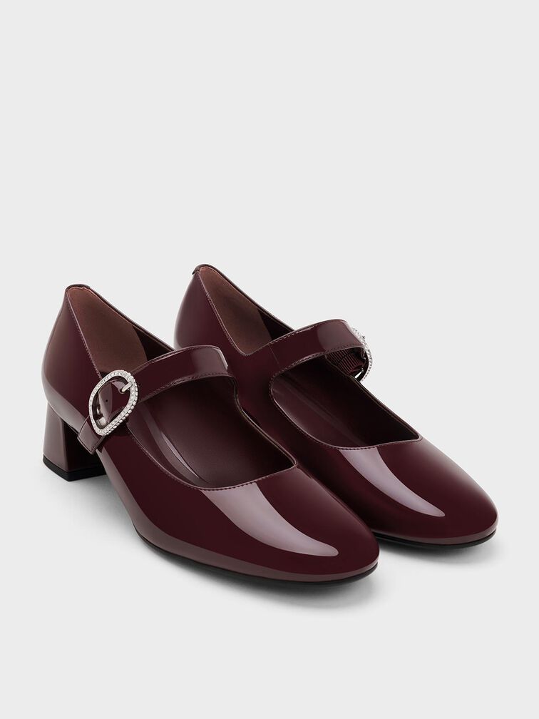 Jannie Patent Crystal-Buckle Mary Jane Pumps, Burgundy, hi-res