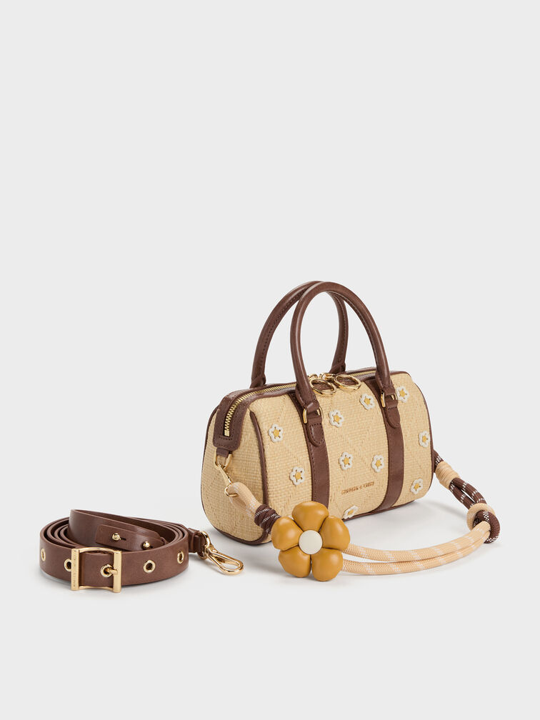حقيبة بولينغ فيلومينا بنقشة الزهور من الرافيا, بيج, hi-res