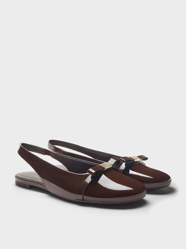 Dorian Patent Bow Slingback Flats, Dark Brown, hi-res