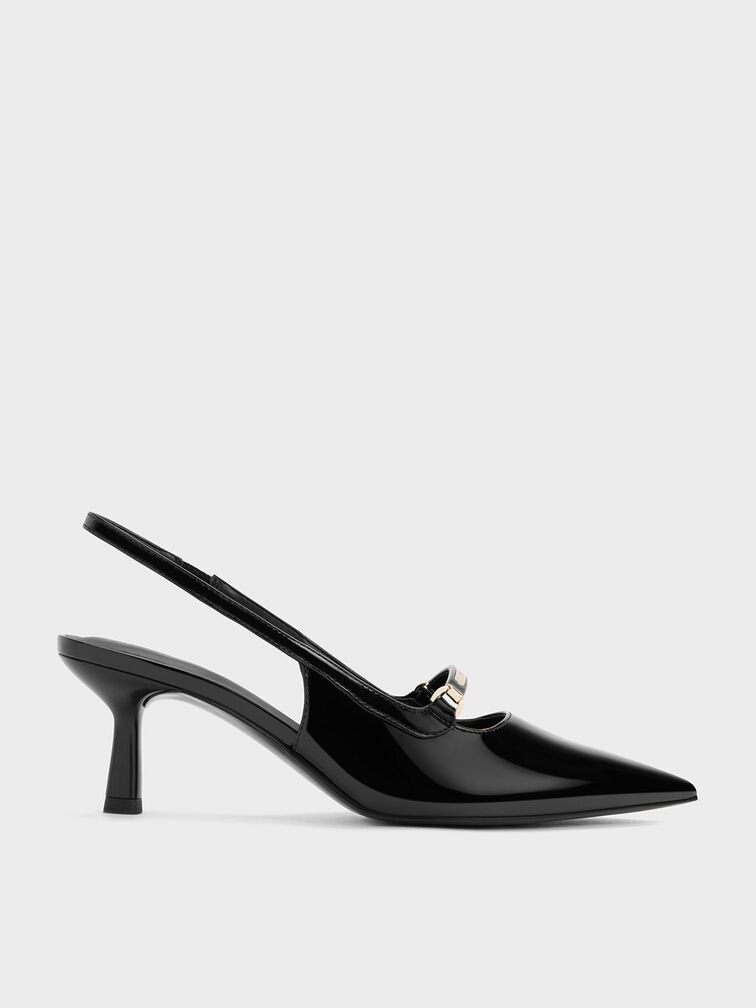 Patent Metallic Accent Slingback Pumps, Black Patent, hi-res