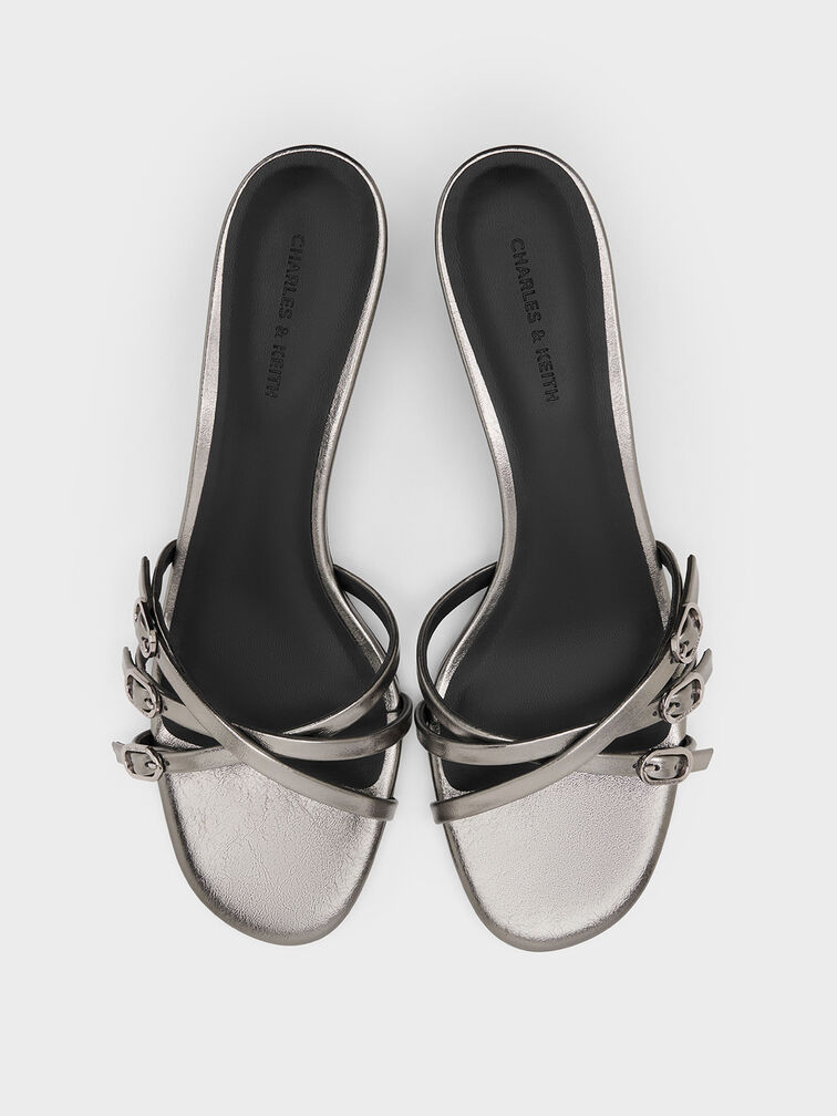 Metallic Buckled Strappy Kitten-Heel Mules, Pewter, hi-res