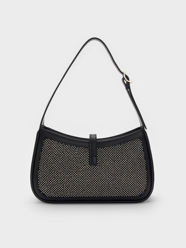 شنطة كتف سيسيا ساتان أسود لامع مزينة بالكريستال مع لمسة ميتاليك, أسود حريري لامع, hi-res