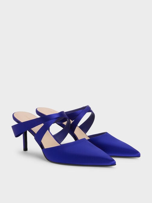 Satin Pleated-Strap Heeled Mules, Blue, hi-res