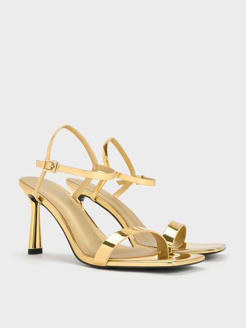 صندل بكعب عالٍ ومقدمة مربعة ومظهر معدني وحزام للكاحل, ذهبي, hi-res