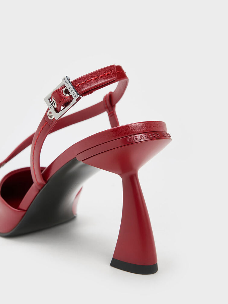 Asymmetric Curved Heel Slingback Pumps, Red, hi-res