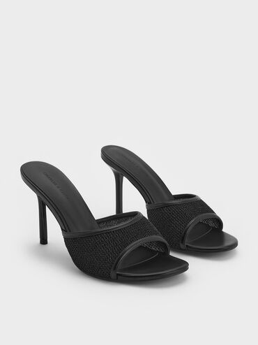 Mesh Stiletto-Heel Mules, Black Textured, hi-res