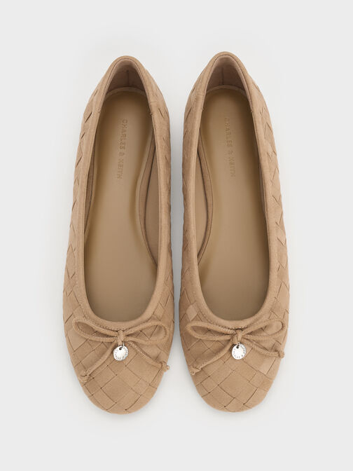 حذاء باليه إيڤيت مسطح منسوج من الشمواه ومزين بفيونكة, رملي, hi-res