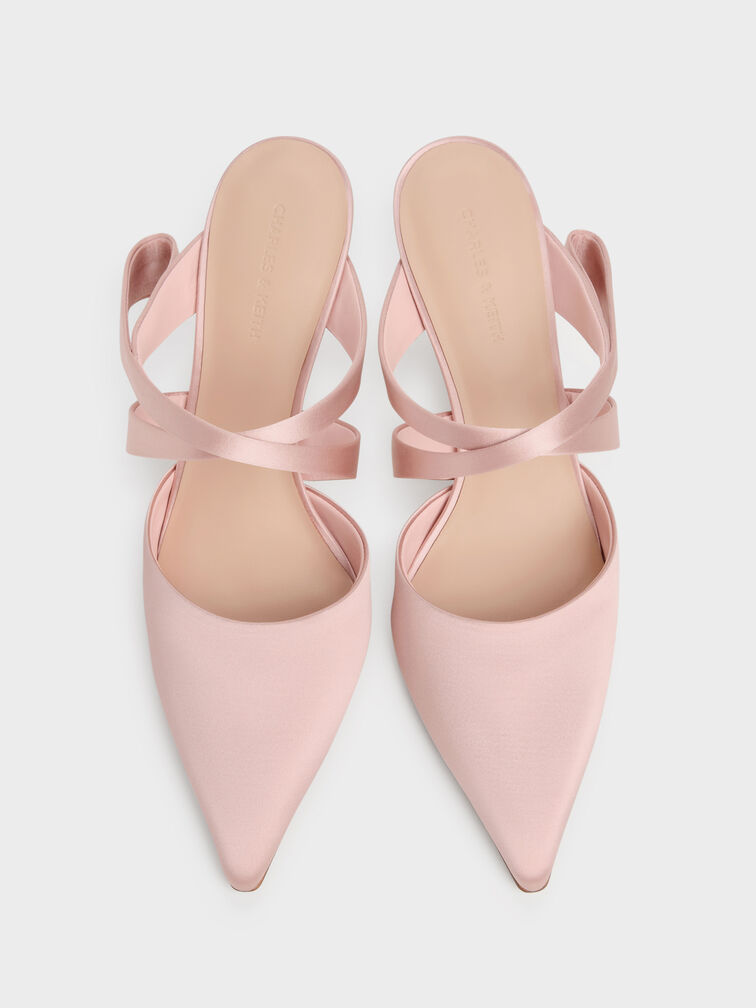 Satin Pleated-Strap Heeled Mules, Pink, hi-res