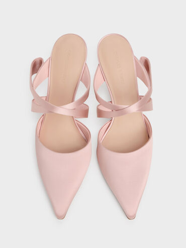 Satin Pleated-Strap Heeled Mules, Pink, hi-res