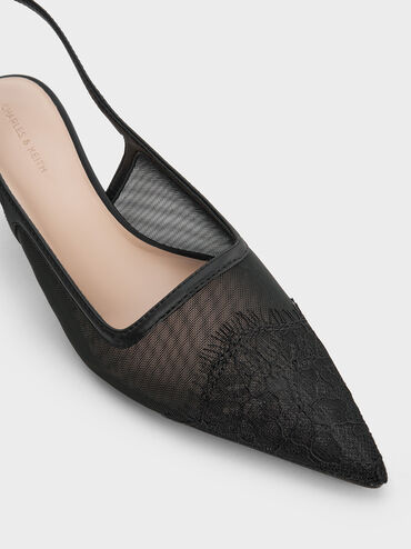 حذاء بامبس بكعب عالٍ سلينجباك مدبب من الشبك والدانتيل, أسود خشن, hi-res