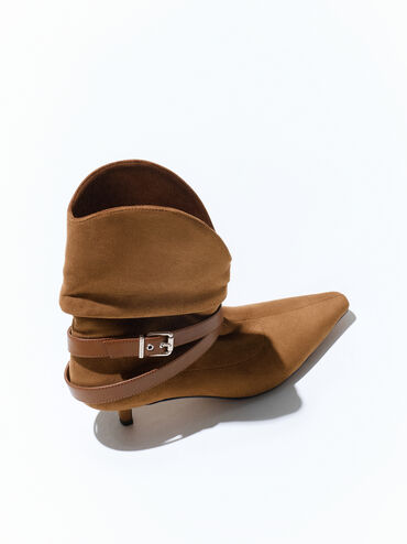 Karter Faux Suede Pointed-Toe Ruched Buckled Kitten-Heel Boots, Cognac, hi-res