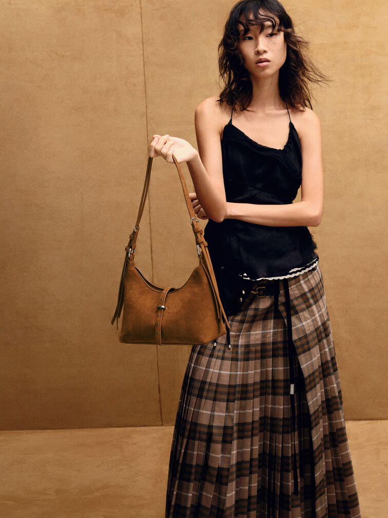 Lark Recycled Suede Studded Belted Shoulder Bag, Sienna Brown, hi-res