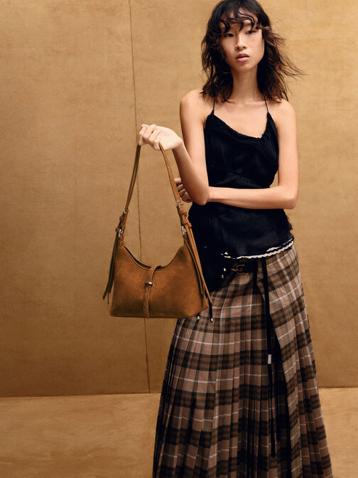 شنطة كتف لارك معاد تدويرها من شامواه بحزام, بني محمر, hi-res