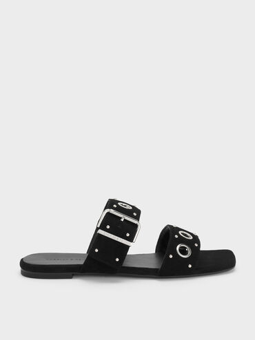 Faux Suede Grommet Buckled Slides, Black Textured, hi-res
