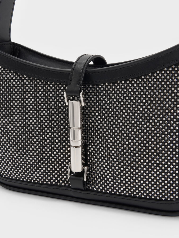 شنطة كتف سيسيا ساتان أسود لامع مزينة بالكريستال مع لمسة ميتاليك, أسود حريري لامع, hi-res