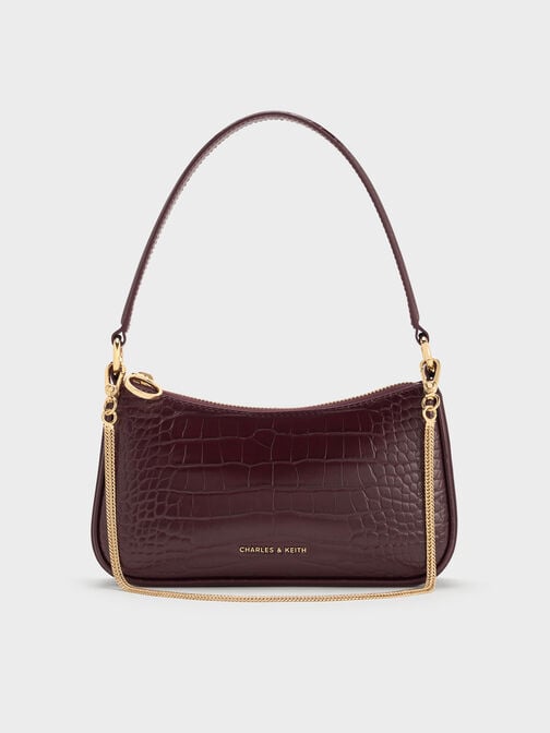 Elspeth Croc-Effect Chain-Link Shoulder Bag, Maroon Red Croco, hi-res