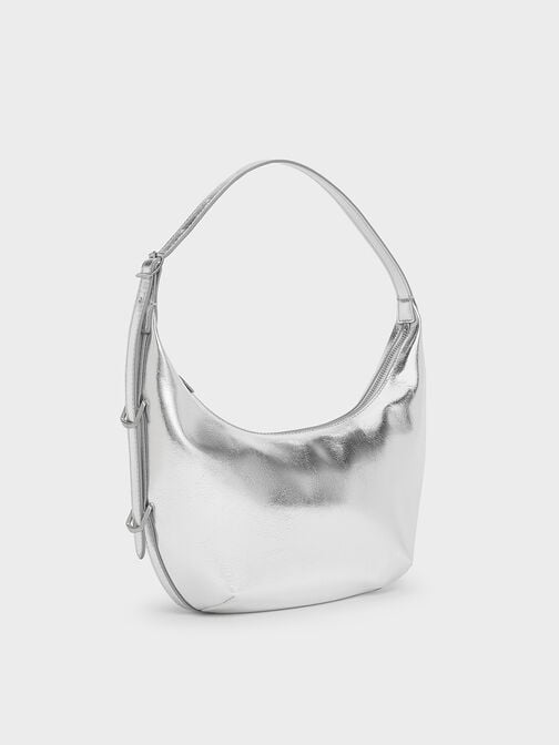 Bryna Metallic Curved Hobo Bag, Silver, hi-res