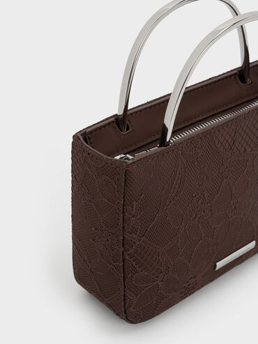 Jennis Lace & Satin Top Handle Bag, Dark Brown Textured, hi-res
