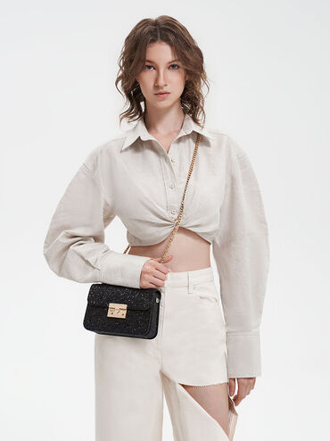 Alva Glittered Chain-Handle Bag, Black, hi-res