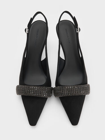 Faux Suede Crystal-Embellished Pointed-Toe Slingback Pumps, Black Textured, hi-res