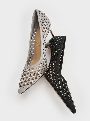 Studded Cut-Out Pointed-Toe Pumps, Light Grey, hi-res
