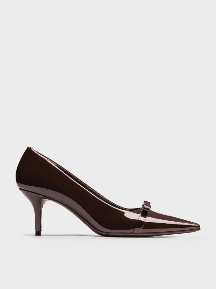 Dorian Patent Bow Pointed-Toe Stiletto-Heel Pumps, Dark Brown, hi-res