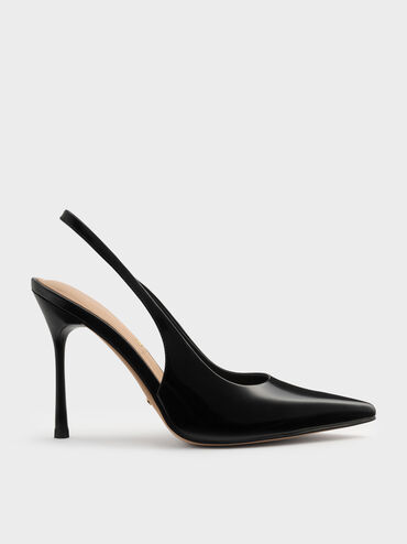 Leather Slingback Stiletto Pumps, Black Boxed, hi-res