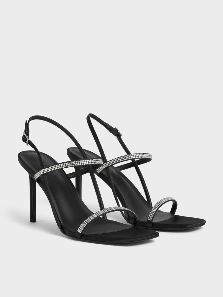 Arona Satin Crystal-Embellished Stiletto-Heel Sandals, Black Textured, hi-res