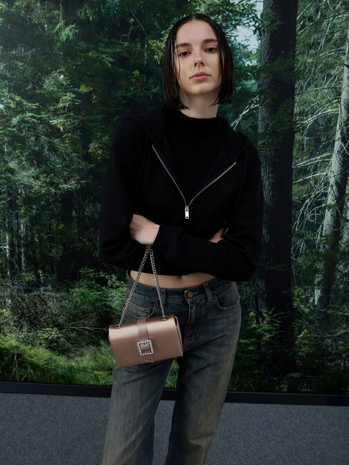 Satin Crystal-Buckle Belted Chain-Handle Bag, Sunset Nude, hi-res