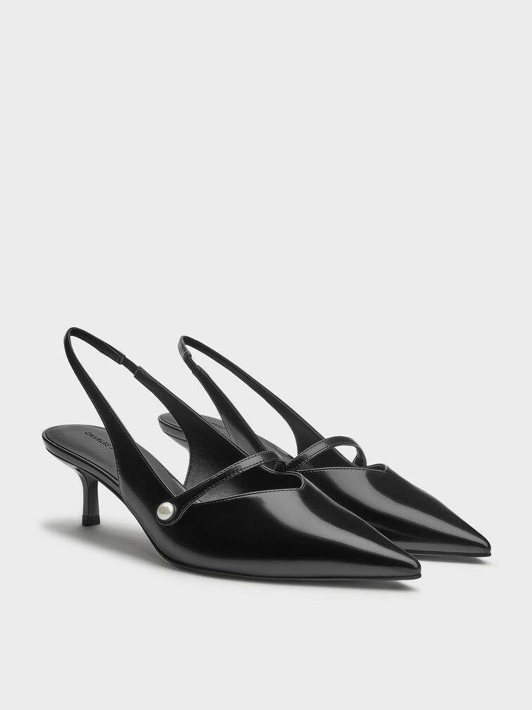 Helena Pearl-Buckle Slingback Kitten Heels, Black Boxed, hi-res