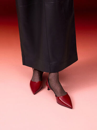 حذاء سلينجباك مفتوح الظهر بكعب كيتن ومقدمة مدببة ومظهر لامع, أحمر, hi-res