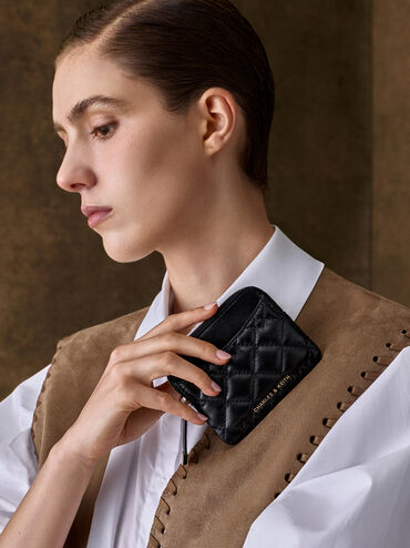 Duo Quilted Card Holder, Black, hi-res