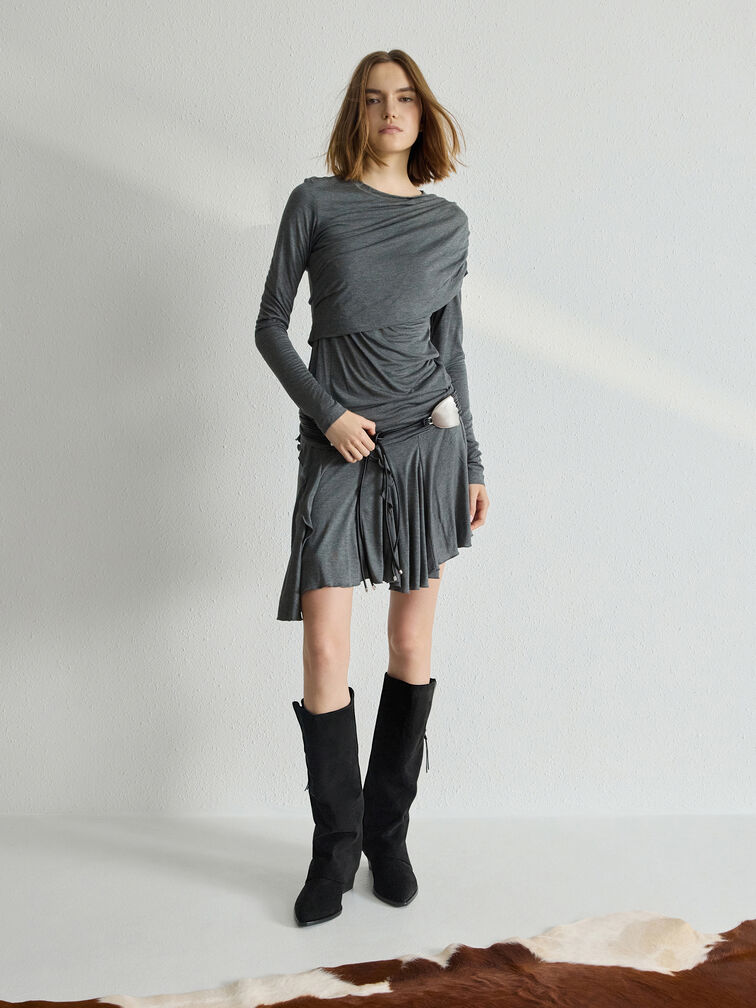Aether Faux Suede Tassel-Zip Knee-High Boots, Black Textured, hi-res