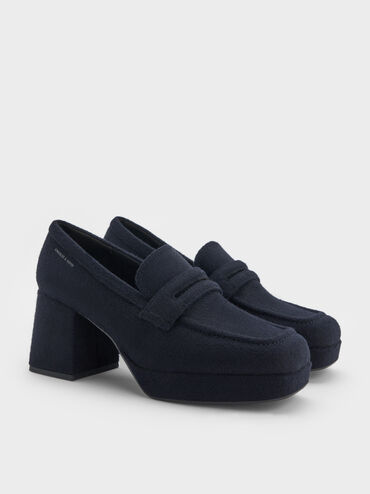 Felt Platform Penny Loafer Pumps, Dark Blue, hi-res
