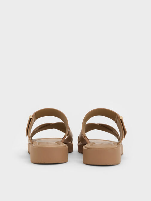 Metallic-Accent Crossover-Strap Slide Sandals, Taupe, hi-res
