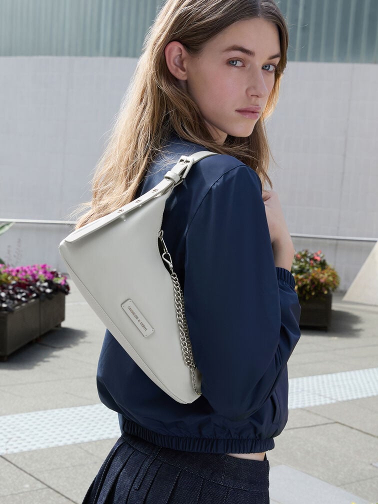 Nylon Chain-Link Trapeze Shoulder Bag, Light Grey, hi-res