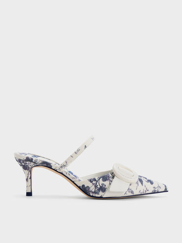 حذاء ميول بنقشة زهور ومقدمة مدببة وإبزيم بيضاوي, أزرق داكن, hi-res