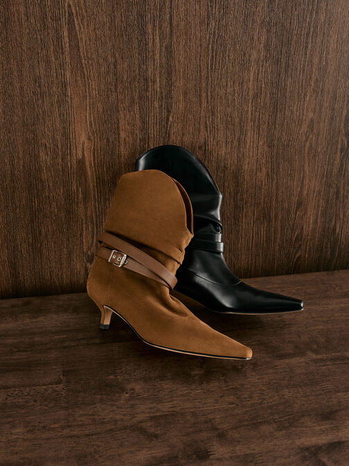 Karter Faux Suede Pointed-Toe Ruched Buckled Kitten-Heel Boots, Cognac, hi-res