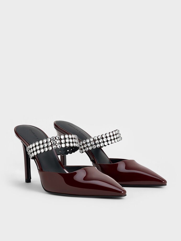 Patent Crystal-Embellished Heeled Mules, Burgundy, hi-res